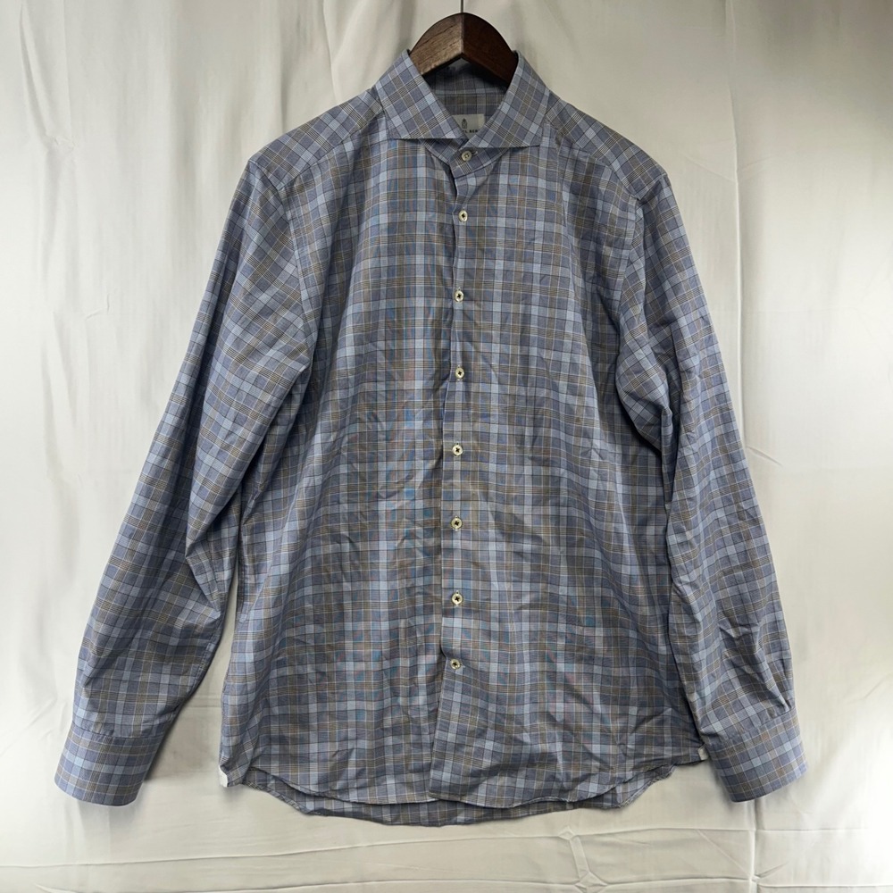 Emanuel Berg Button Up Shirt Mens Large 16.5 Blue Brown Plaid Modern Fit Cotton